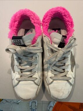 Golden Goose White Leather Sneakers with Hot Pink Shearling Collar
